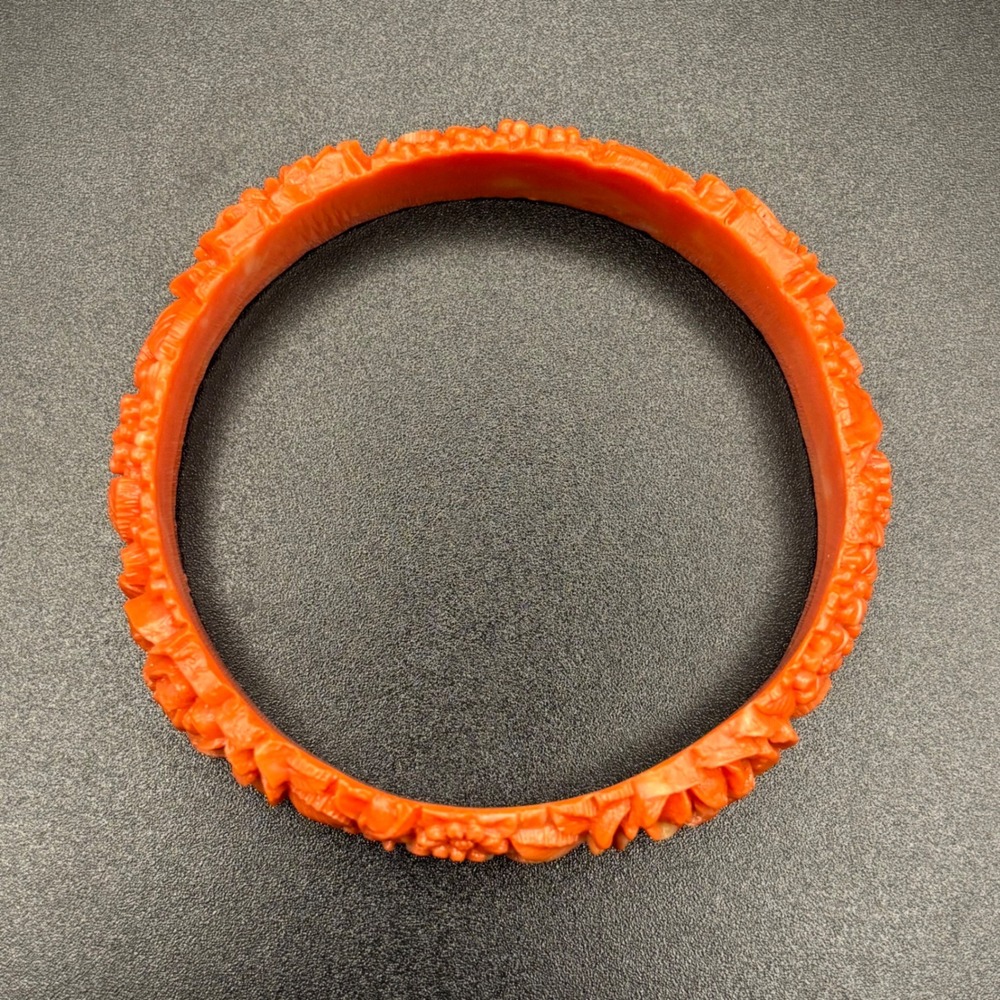 Vintage Celluloid Bangle Orange Molded Flowers Floral 7.75 " - Picture 4 of 7